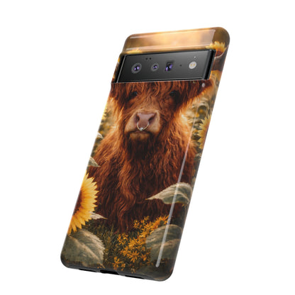 Highland Cow Sunflower Phone Case | Floral Farmhouse iPhone, Samsung Galaxy and Pixel Cover