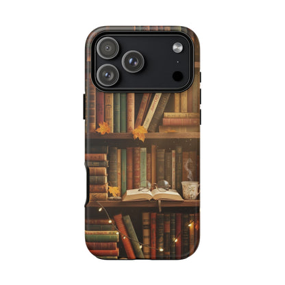 Cozy Vintage Bookshelf Phone Case, Library Aesthetic Book Stack, Autumn Coffee Vibes (iPhone, Samsung, Pixel)