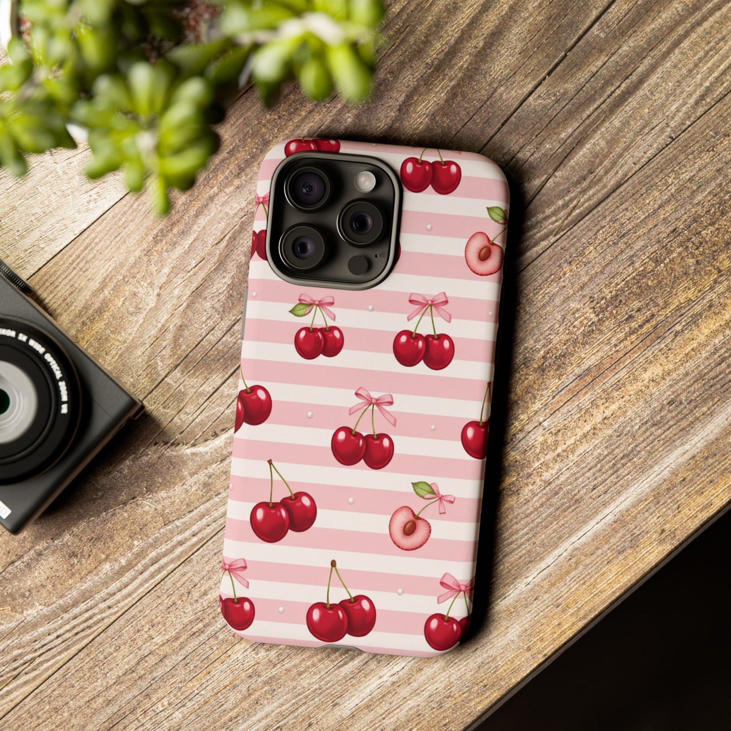Coquette Cherry Bow Phone Case | Cute Pink Aesthetic Cherry Pattern Tough Case for iPhone & Samsung