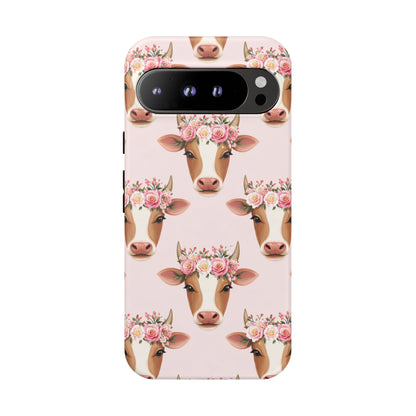 Floral Cow Phone Case – Cute Pink Cow Print Tough Protective Case for Iphone, Samsung Galaxy and Pixel