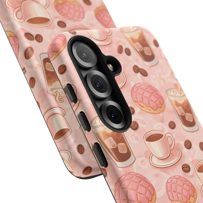 Cute Coffee & Pink Concha Phone Case – Coffee Lover Aesthetic Latte Pattern Tough Case