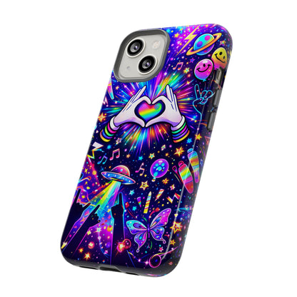 Rainbow Heart Hands Phone Case – Neon Galaxy EDM Festival Tough Cover