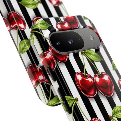 Cherry Pattern Phone Case Black White Stripe Retro Aesthetic Tough Cover