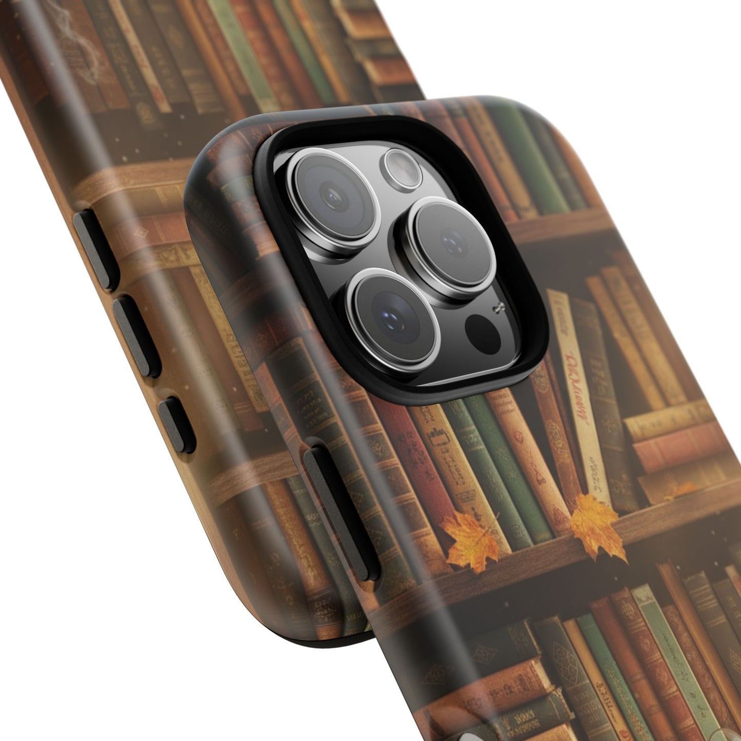 Cozy Vintage Bookshelf Phone Case, Library Aesthetic Book Stack, Autumn Coffee Vibes (iPhone, Samsung, Pixel)