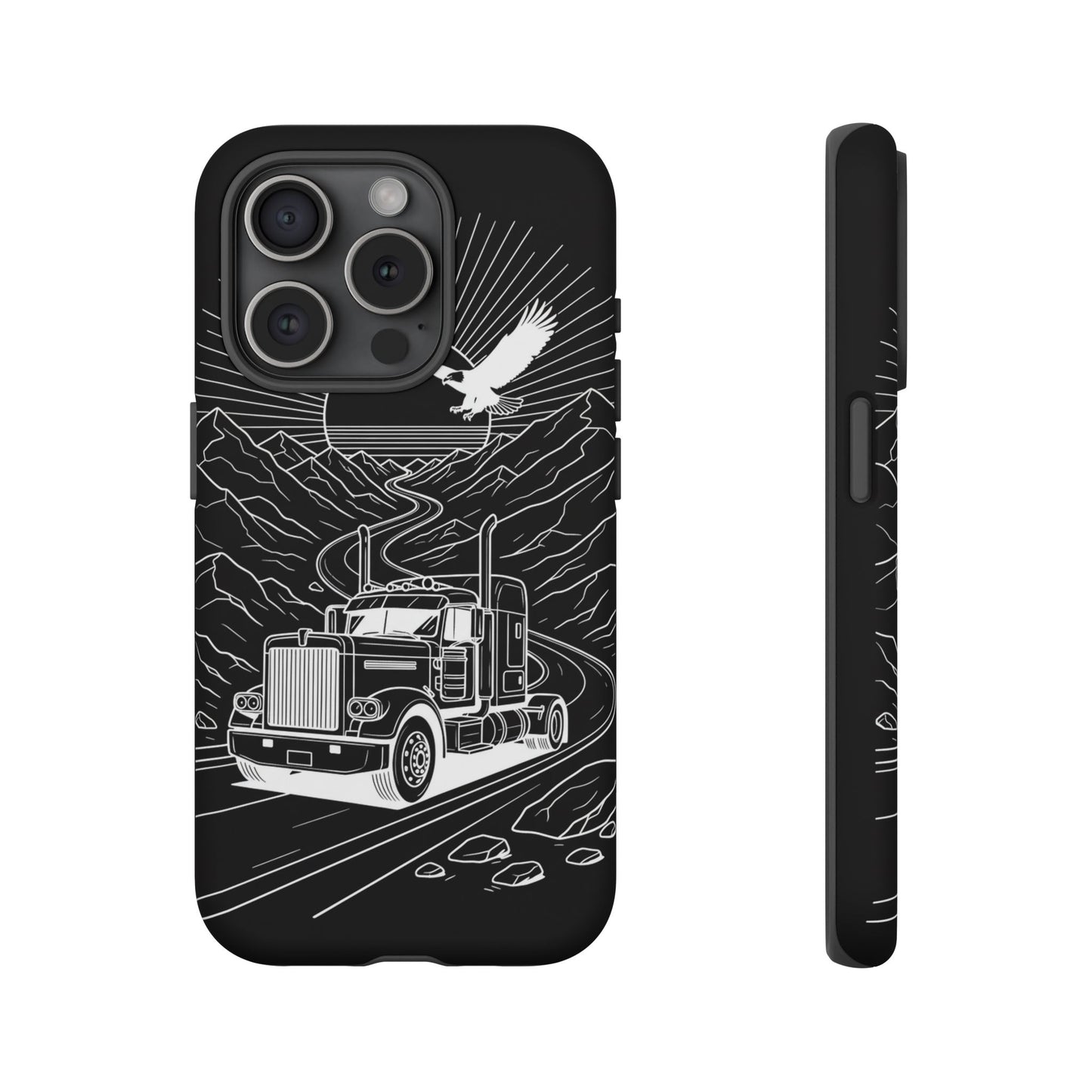 Trucker Highway Phone Case | Eagle & Mountain Line Art | Black Western Tough Case