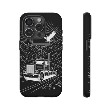 Trucker Highway Phone Case | Eagle & Mountain Line Art | Black Western Tough Case