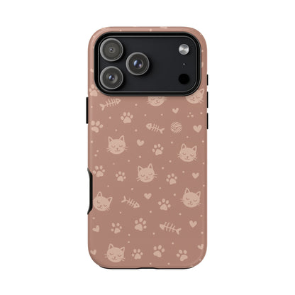 Cute Cat Pattern Phone Case | Paw Prints, Fishbone & Yarn Design Tough Case