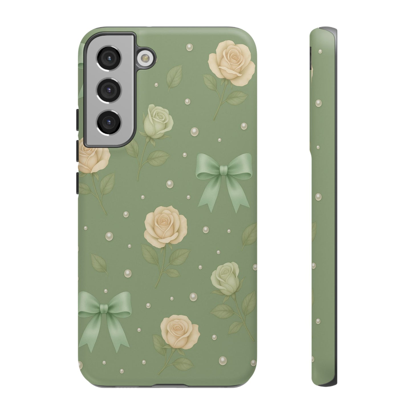 Vintage Rose Bow Phone Case – Sage Green Floral Coquette Aesthetic Tough Case (iPhone, Samsung, Pixel)