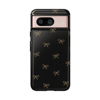Black Phone Case with Gold Bow Pattern – Slim Protective Cute Aesthetic Cover for Iphone, Samsung Galaxy and Pixel