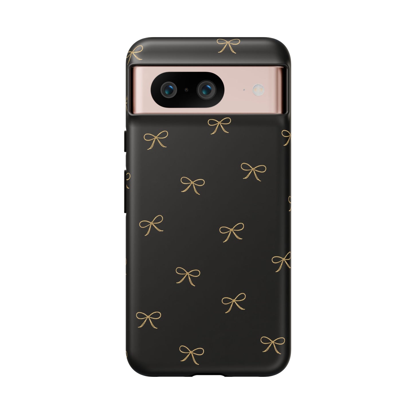 Black Phone Case with Gold Bow Pattern – Slim Protective Cute Aesthetic Cover for Iphone, Samsung Galaxy and Pixel