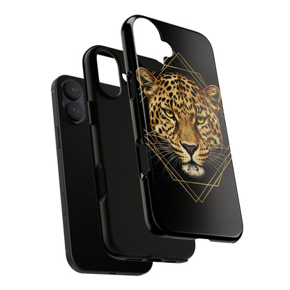 Leopard Head Geometric Phone Case – Black & Gold Luxe Tough Case