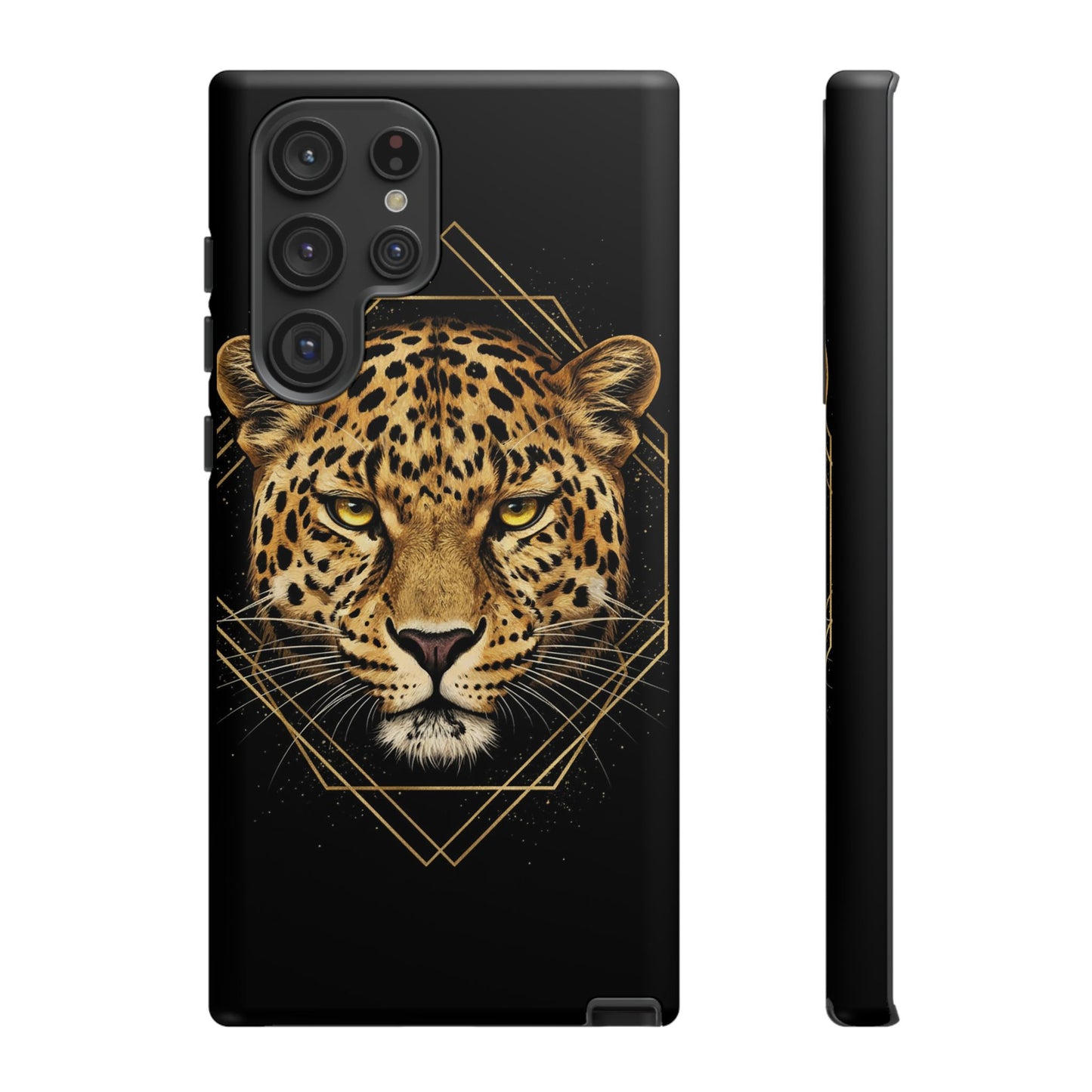 Leopard Head Geometric Phone Case – Black & Gold Luxe Tough Case