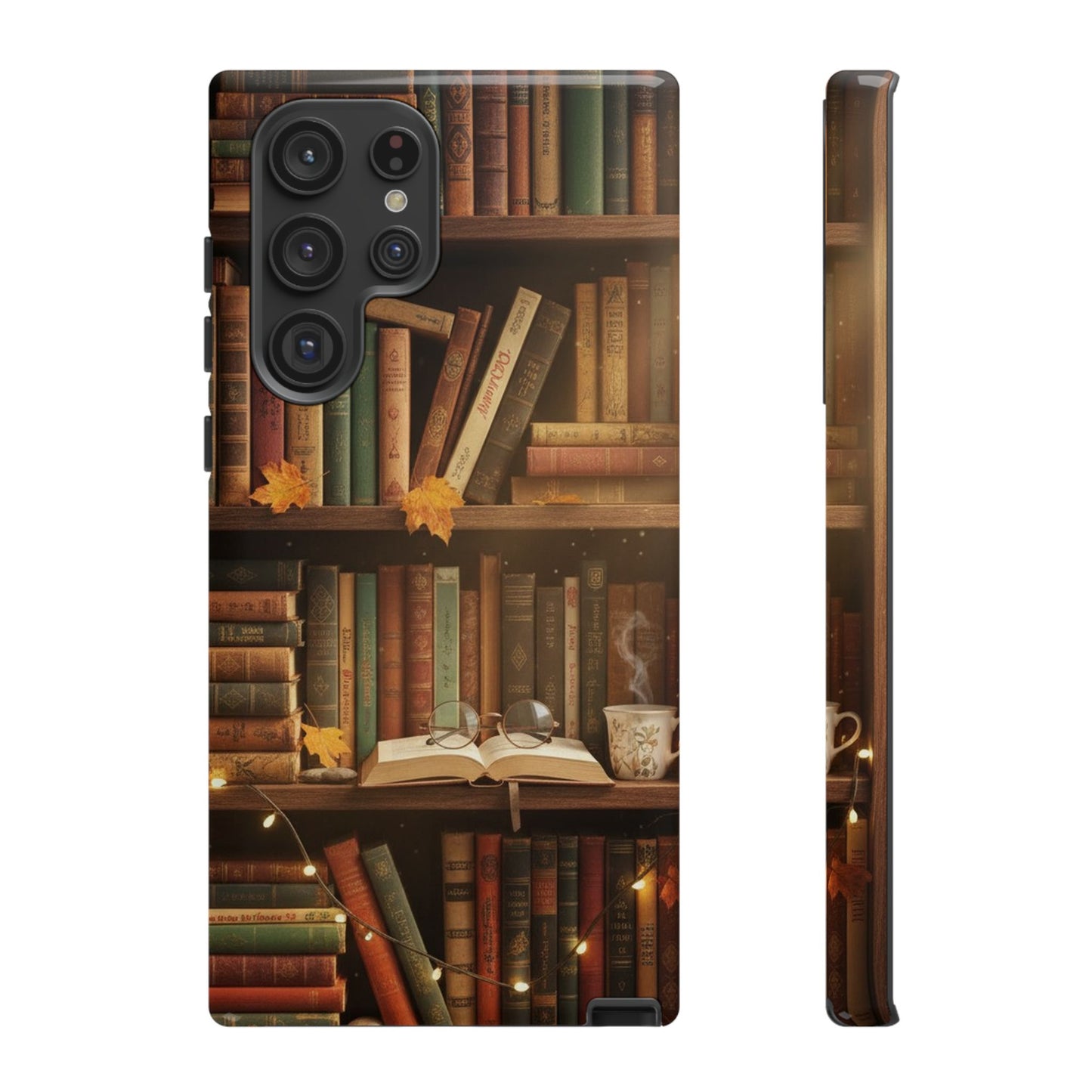Cozy Vintage Bookshelf Phone Case, Library Aesthetic Book Stack, Autumn Coffee Vibes (iPhone, Samsung, Pixel)
