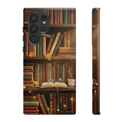 Cozy Vintage Bookshelf Phone Case, Library Aesthetic Book Stack, Autumn Coffee Vibes (iPhone, Samsung, Pixel)