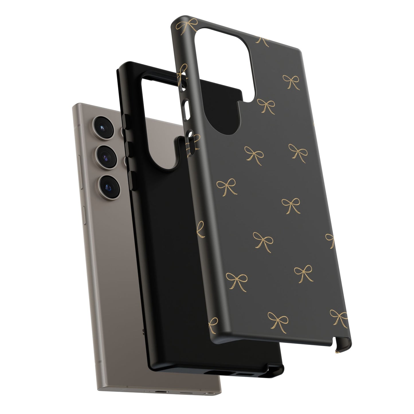 Black Phone Case with Gold Bow Pattern – Slim Protective Cute Aesthetic Cover for Iphone, Samsung Galaxy and Pixel