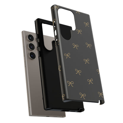Black Phone Case with Gold Bow Pattern – Slim Protective Cute Aesthetic Cover for Iphone, Samsung Galaxy and Pixel