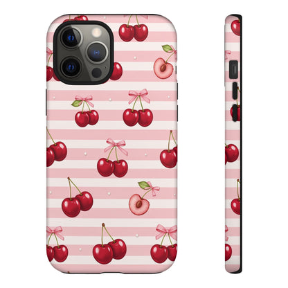 Coquette Cherry Bow Phone Case | Cute Pink Aesthetic Cherry Pattern Tough Case for iPhone & Samsung