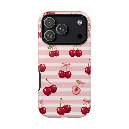 Coquette Cherry Bow Phone Case | Cute Pink Aesthetic Cherry Pattern Tough Case for iPhone & Samsung