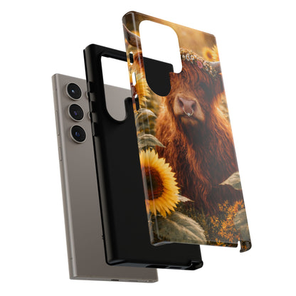 Highland Cow Sunflower Phone Case | Floral Farmhouse iPhone, Samsung Galaxy and Pixel Cover