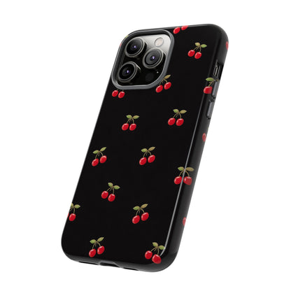 Cherry Pattern Phone Case — Slim Black Protective iPhone Case with Red Cherries for Iphone, Samsung Galaxy and Pixel