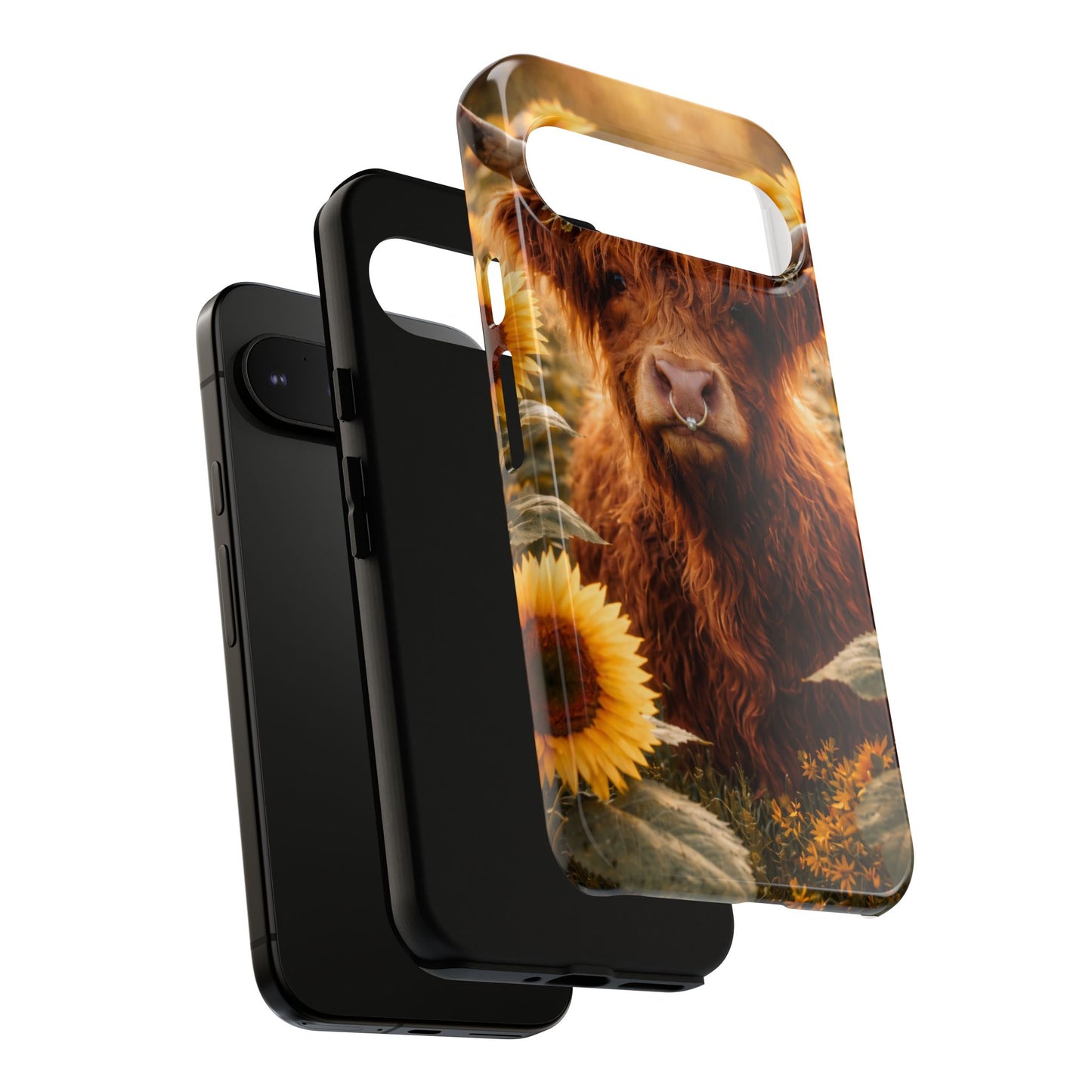 Highland Cow Sunflower Phone Case | Floral Farmhouse iPhone, Samsung Galaxy and Pixel Cover