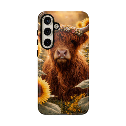 Highland Cow Sunflower Phone Case | Floral Farmhouse iPhone, Samsung Galaxy and Pixel Cover