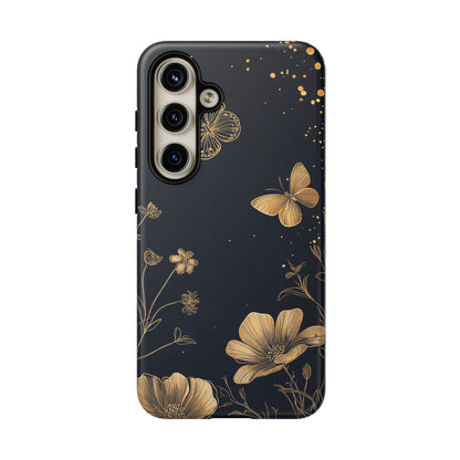 Gold Floral Butterfly Phone Case, Dark Aesthetic Botanical, Elegant Black Luxury iPhone Samsung Cover