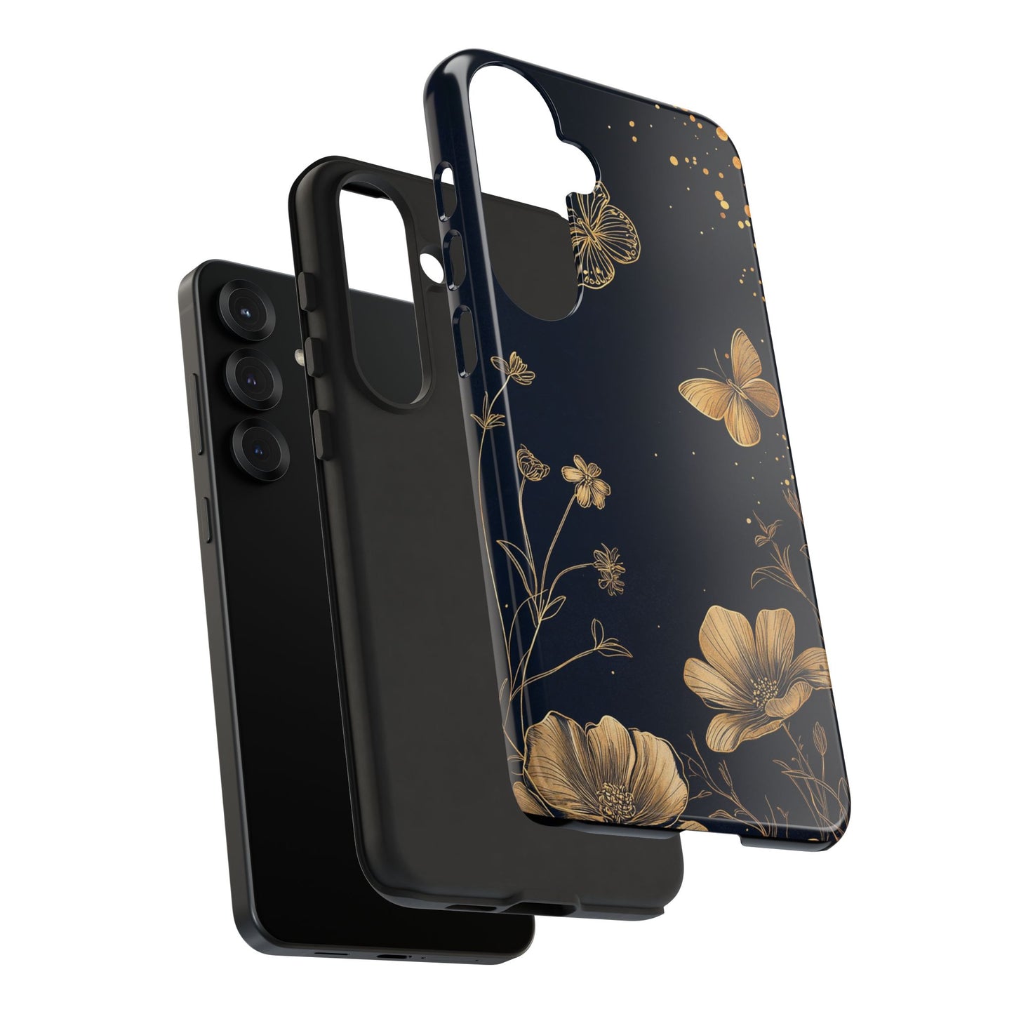 Gold Floral Butterfly Phone Case, Dark Aesthetic Botanical, Elegant Black Luxury iPhone Samsung Cover