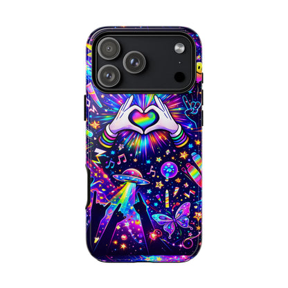 Rainbow Heart Hands Phone Case – Neon Galaxy EDM Festival Tough Cover