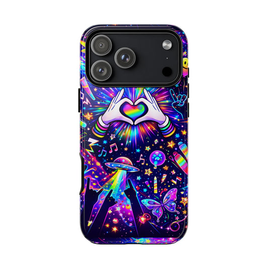 Rainbow Heart Hands Phone Case – Neon Galaxy EDM Festival Tough Cover