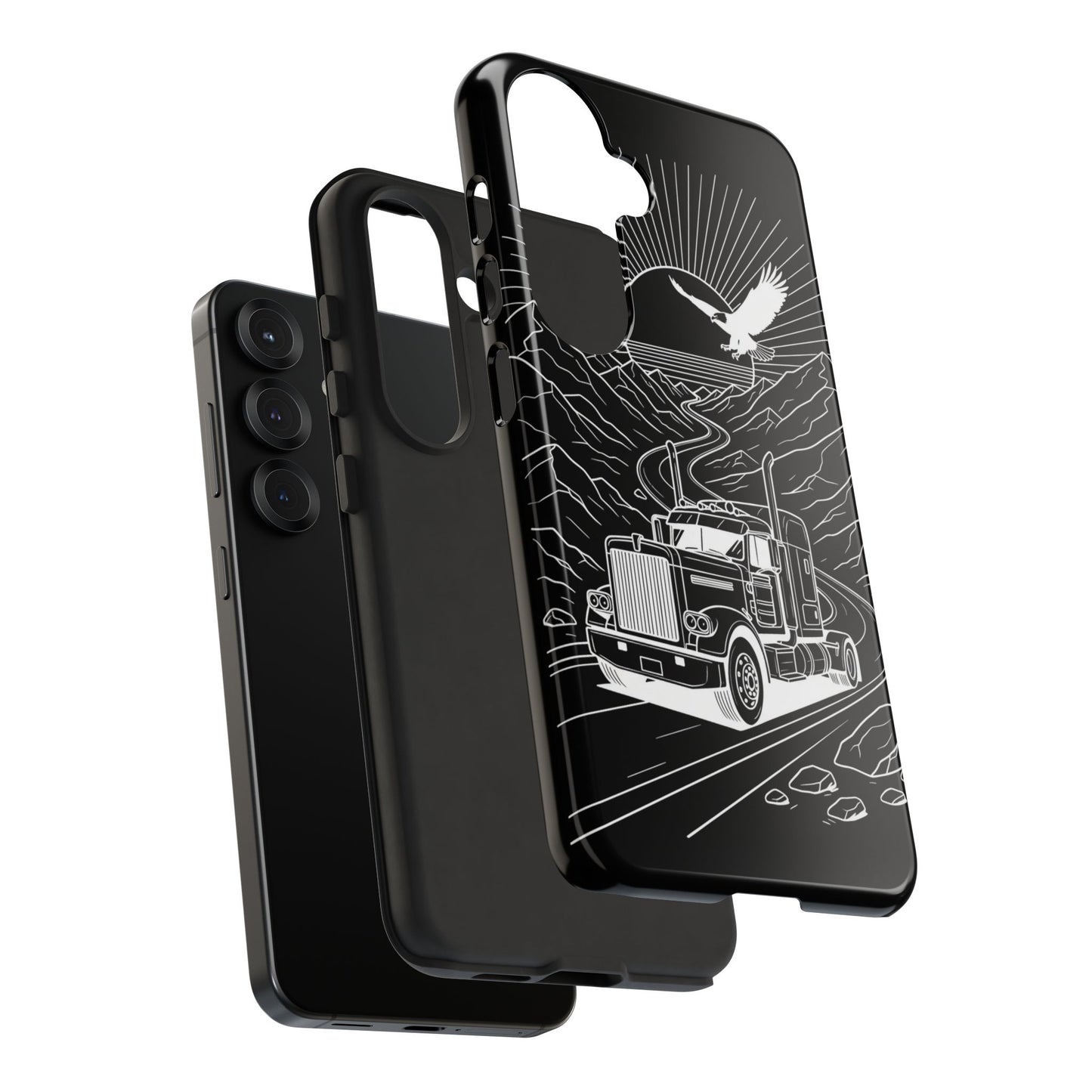 Trucker Highway Phone Case | Eagle & Mountain Line Art | Black Western Tough Case