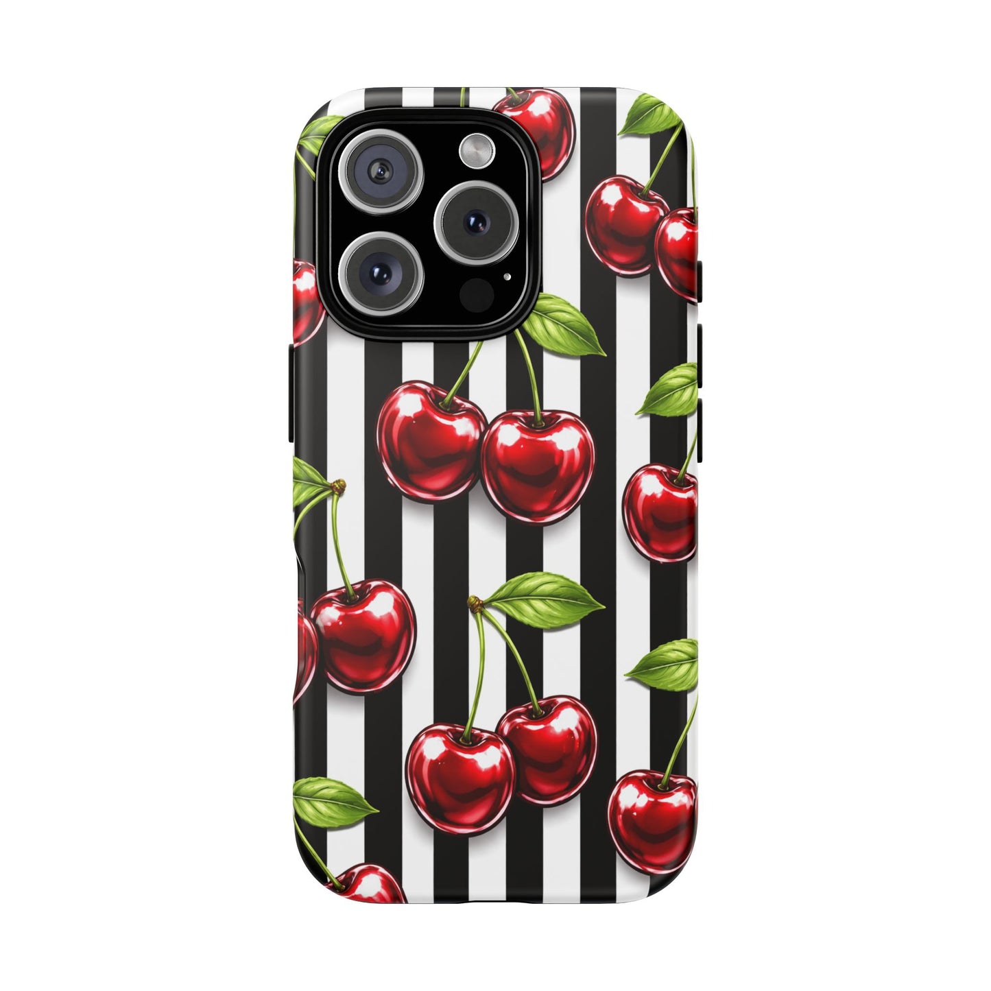 Cherry Pattern Phone Case Black White Stripe Retro Aesthetic Tough Cover