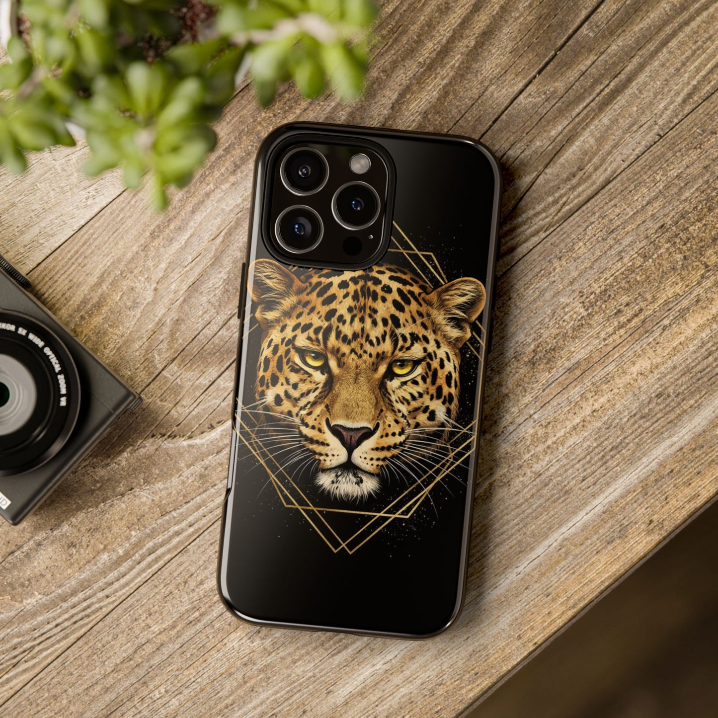 Leopard Head Geometric Phone Case – Black & Gold Luxe Tough Case