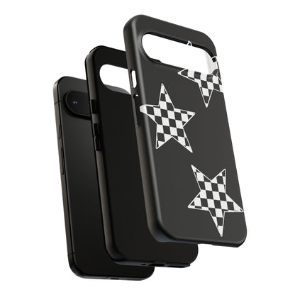 Checkered Star Tough Phone Case – Black Retro Graphic Protective Cover for Iphone, Samsung Galaxy and Pixel