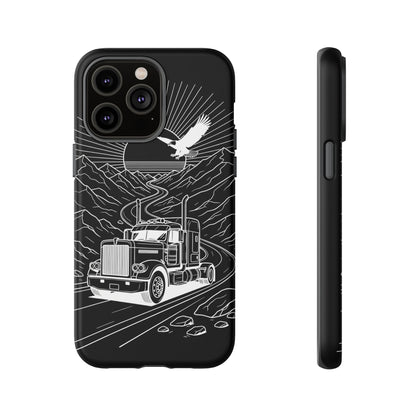 Trucker Highway Phone Case | Eagle & Mountain Line Art | Black Western Tough Case