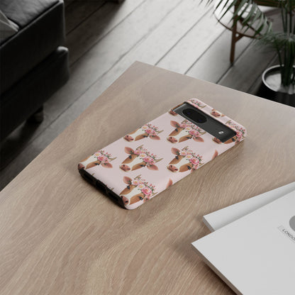 Floral Cow Phone Case – Cute Pink Cow Print Tough Protective Case for Iphone, Samsung Galaxy and Pixel