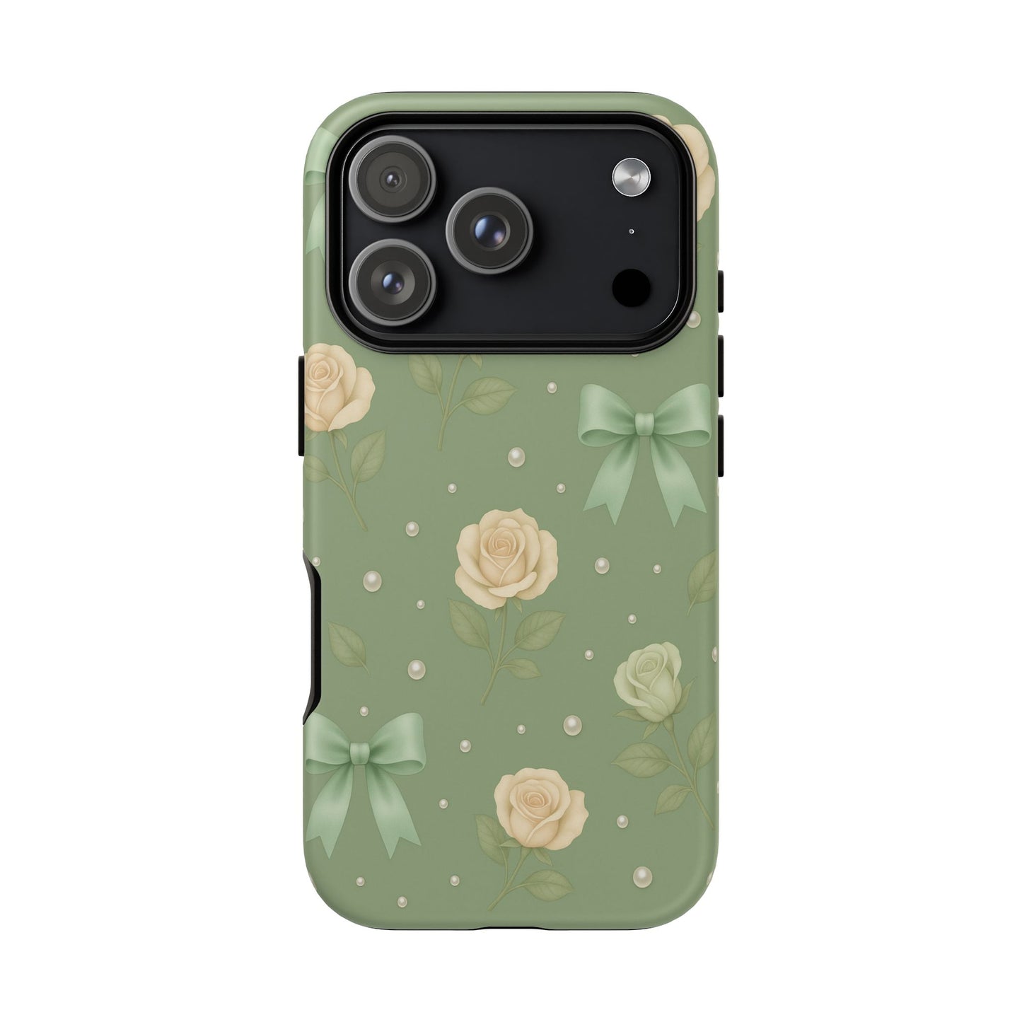 Vintage Rose Bow Phone Case – Sage Green Floral Coquette Aesthetic Tough Case (iPhone, Samsung, Pixel)