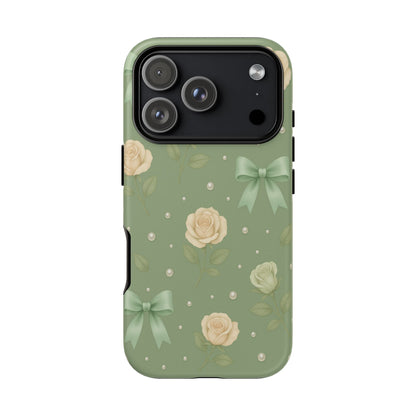 Vintage Rose Bow Phone Case – Sage Green Floral Coquette Aesthetic Tough Case (iPhone, Samsung, Pixel)