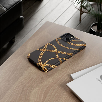 Luxury Gold Chain Phone Case – Black Designer Style Tough Protective Cover for Iphone, Samsung Galaxy and Pixel