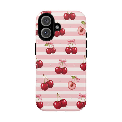 Coquette Cherry Bow Phone Case | Cute Pink Aesthetic Cherry Pattern Tough Case for iPhone & Samsung
