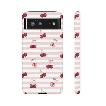 Pink Cherry Stripe Phone Case | Cute Coquette Aesthetic Protective Tough Case