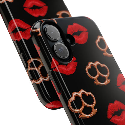 Red Lipstick & Knuckle Duster Phone Case | Bold Kiss Print Tough Protective Cover for Iphone, Samsung Galaxy and Pixel