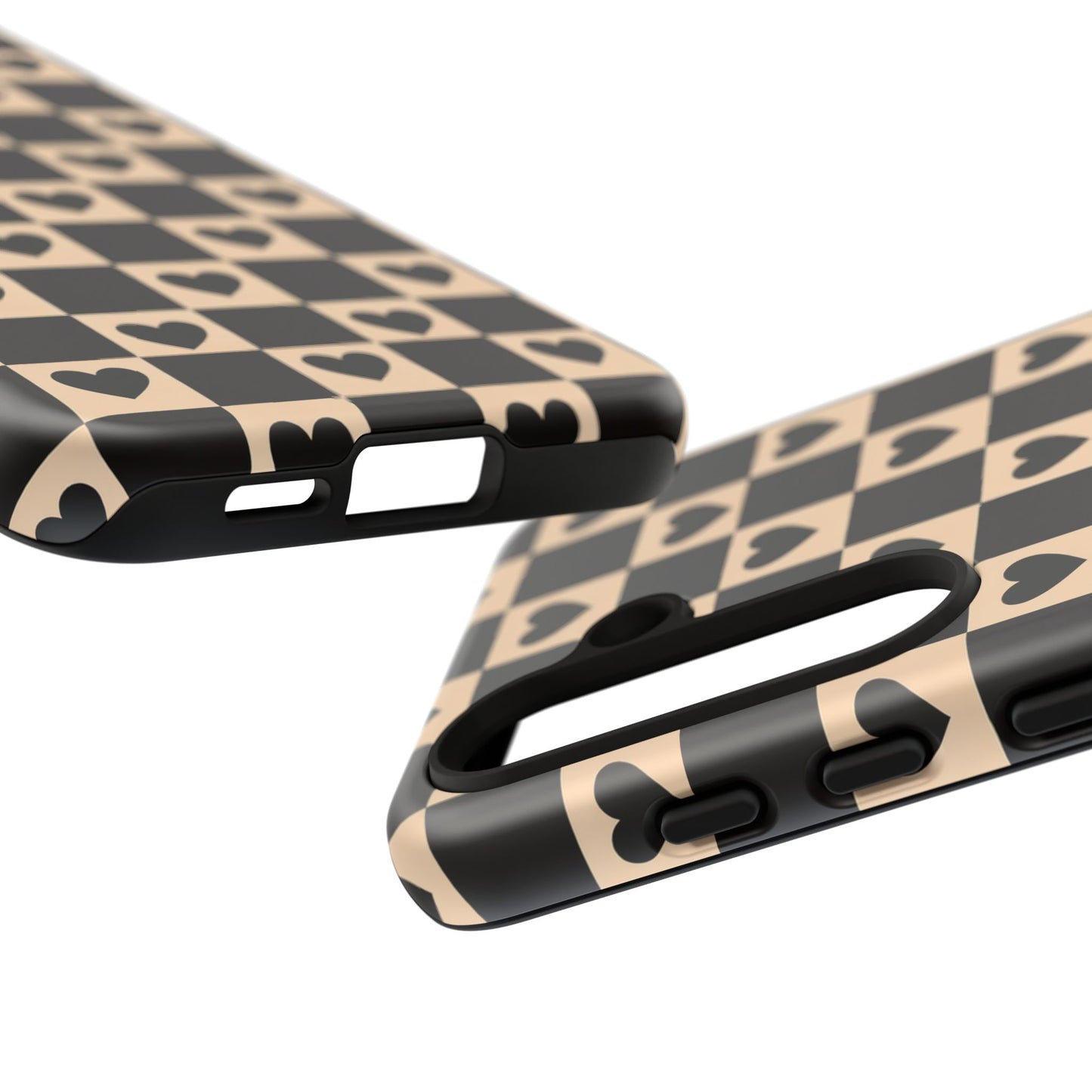 Checkerboard Heart Phone Case – Black & Beige Cute Aesthetic Protective Cover for Iphone, Samsung Galaxy and Pixel