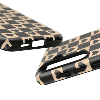 Checkerboard Heart Phone Case – Black & Beige Cute Aesthetic Protective Cover for Iphone, Samsung Galaxy and Pixel