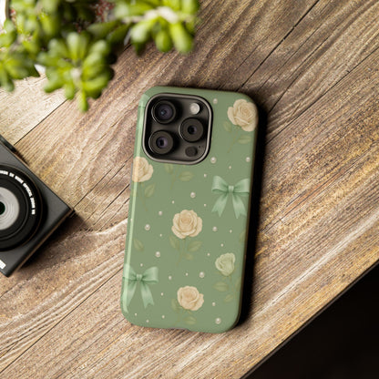 Vintage Rose Bow Phone Case – Sage Green Floral Coquette Aesthetic Tough Case (iPhone, Samsung, Pixel)