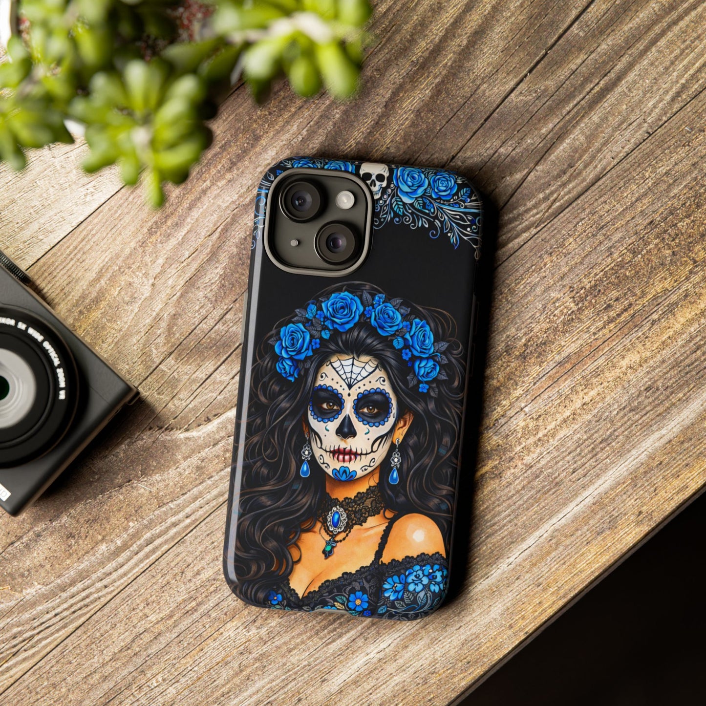 Blue Sugar Skull Woman Phone Case – Day of the Dead Aesthetic Tough Cover