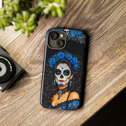 Blue Sugar Skull Woman Phone Case – Day of the Dead Aesthetic Tough Cover
