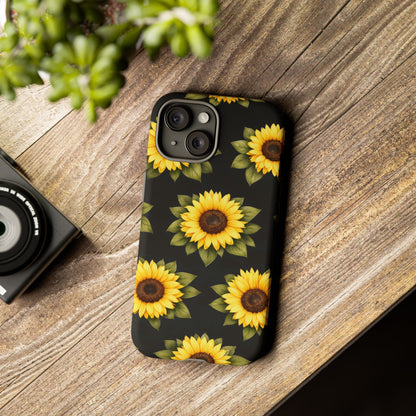 Sunflower Floral Tough Phone Case – Black Background Protective Cover for Iphone, Samsung Galaxy and Pixel