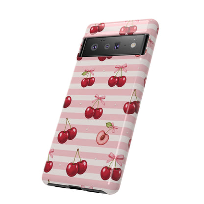Coquette Cherry Bow Phone Case | Cute Pink Aesthetic Cherry Pattern Tough Case for iPhone & Samsung