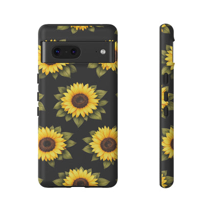 Sunflower Floral Tough Phone Case – Black Background Protective Cover for Iphone, Samsung Galaxy and Pixel